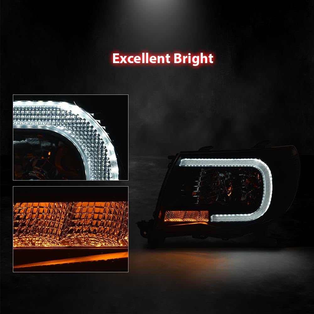 G-PLUS LED DRL Projector Headlights Assembly, Fit For Toyota Tacoma 2005 2006 2007 2008 2009 2010 2011,Tube Halo Headlamps w/o Bulbs faros delanteros,Clear Lens Black Housing Clear Reflector