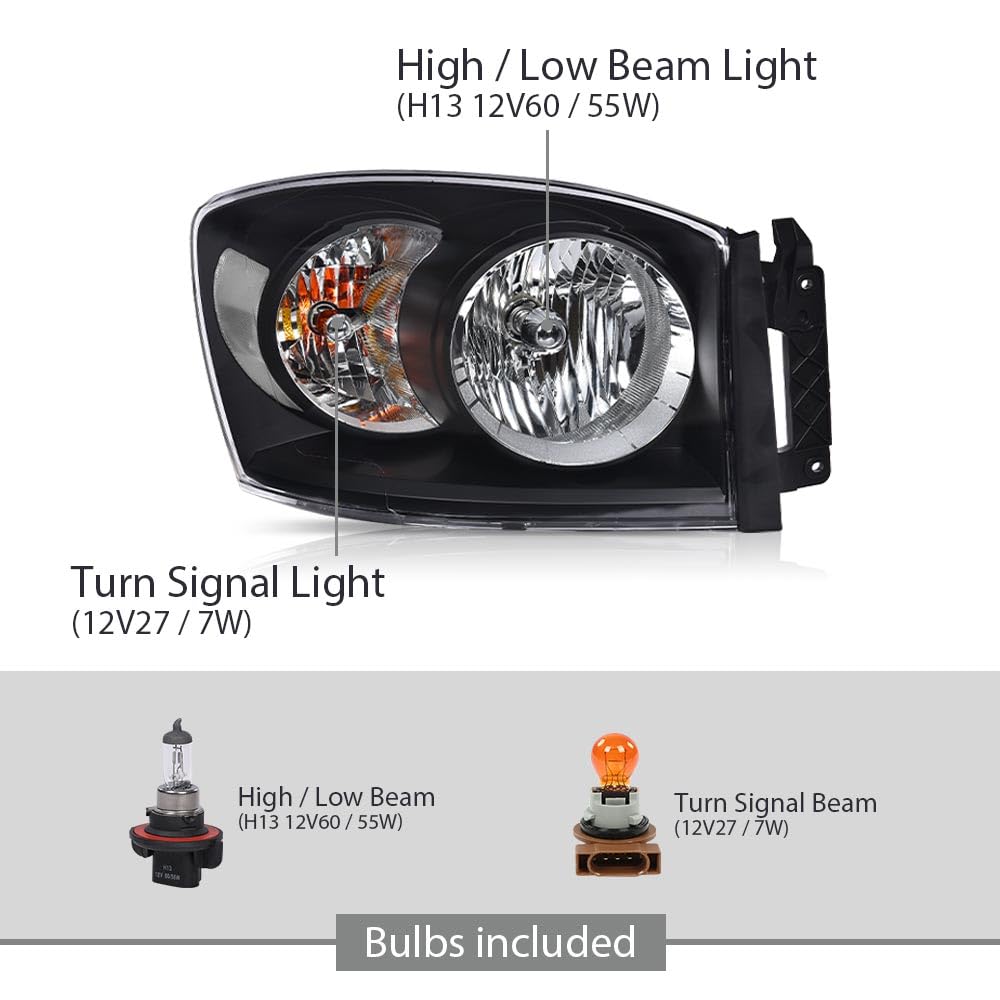 G-PLUS Headlights w/Bulbs Pair Compatible with Dodge Ram 1500 2006-2008 /Fit Dodge Ram 2500 3500 2006-2009,Clear Lens Black Housing Clear Reflector Bumper Headlamps,faros delanteros Assembly