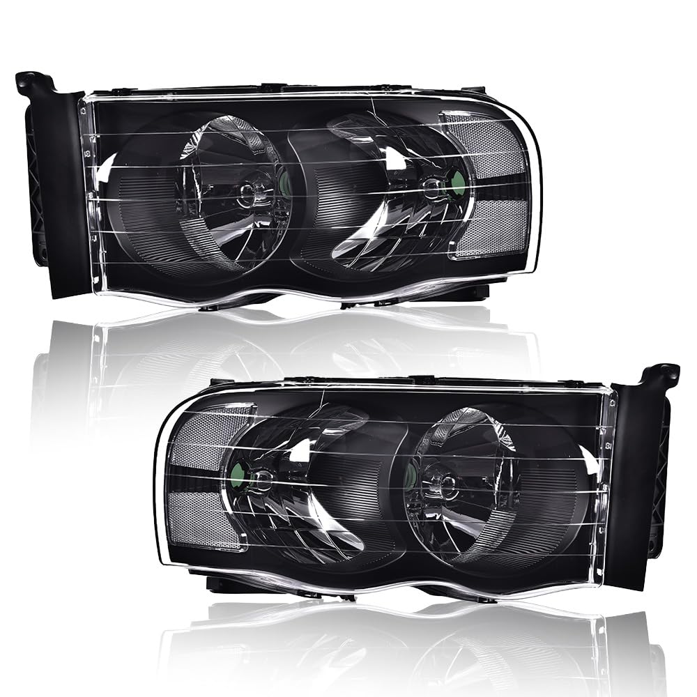 G-PLUS Headlights Assembly Compatible with Dodge Ram 1500 2002-2005/Compatible with Dodge Ram 2500 3500 2003-2005 Headlamps Pair Clear Lens Black Housing Clear Reflector,faros delanteros