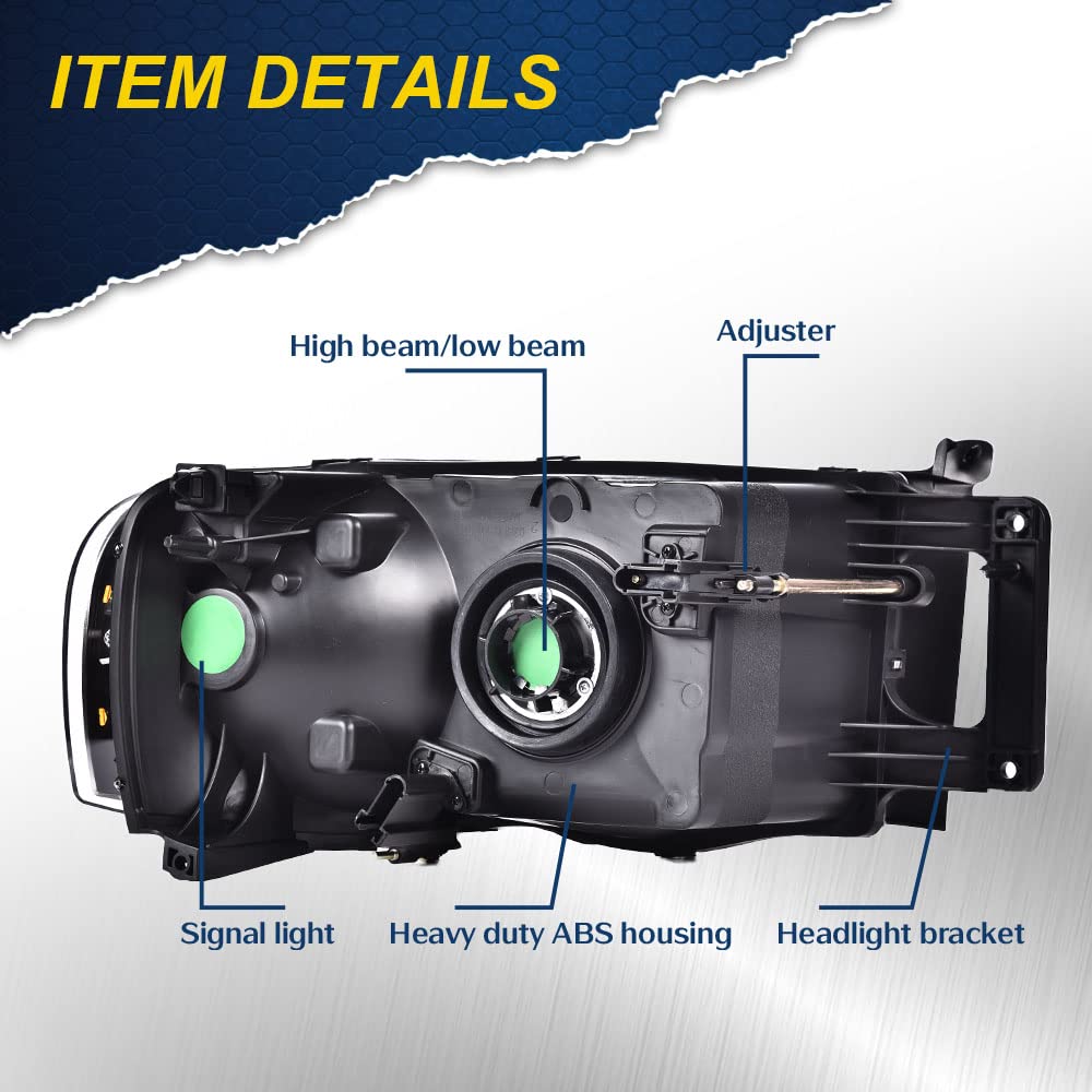 G-PLUS Headlights Assembly, Compatible with 2002 2003 2004 2005 Dodge Ram 1500 2500 3500 bumper Headlamp, Clear lens Black Housing Clear Reflector