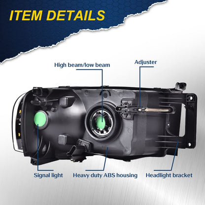 G-PLUS Headlights Assembly, Compatible with 2002 2003 2004 2005 Dodge Ram 1500 2500 3500 bumper Headlamp, Clear lens Black Housing Clear Reflector