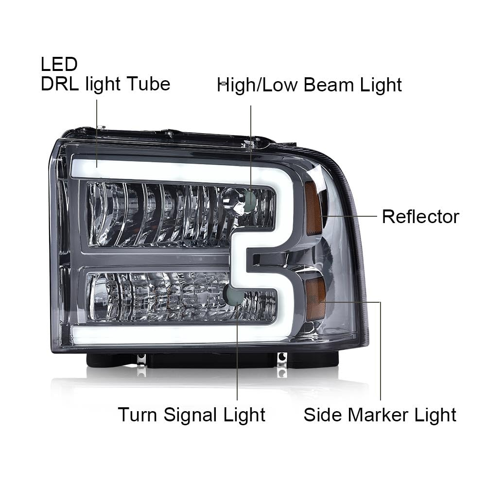 G-PLUS LED Headlights Compatible with Ford F250 F350 F450 F550 Super Duty 2005-2007 DRL BAR Headlamps Smoky Lens Chrome Housing Amber Reflector,faros delanteros