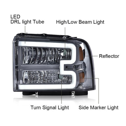 G-PLUS LED DRL Headlights, Compatible with Ford F250 F350 F450 F550 Super Duty 2005-2007 Bumper Headlamps, Smoky Lens Chrome Housing Amber Reflector 6C3Z13008DB FO2502217
