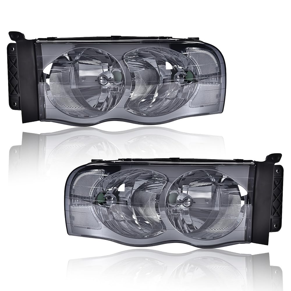 G-PLUS Headlights Assembly, Compatible with 2002 2003 2004 2005 Dodge Ram 1500 2500 3500 bumper Headlamp, Smoky lens Chrome Housing Clear Reflector