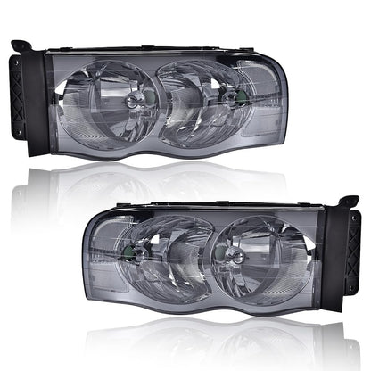 G-PLUS Headlights Assembly, Compatible with 2002 2003 2004 2005 Dodge Ram 1500 2500 3500 bumper Headlamp, Smoky lens Chrome Housing Clear Reflector