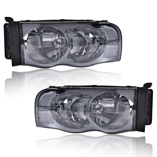 G-PLUS Headlights Assembly, Compatible with 2002 2003 2004 2005 Dodge Ram 1500 2500 3500 bumper Headlamp, Smoky lens Chrome Housing Clear Reflector