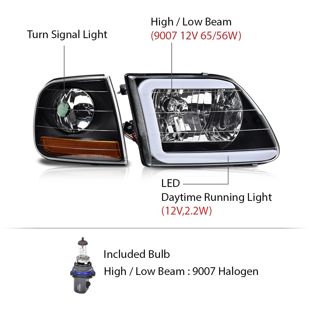 G-PLUS LED Headlights Fit Ford F150 1998-2003,Fit Ford Expedition 1997-2002 DRL Bumper Headlamps w/Corner Parking Lights Strip,Clear Lens Black Housing Amber Reflector Left & Right,faros delanteros