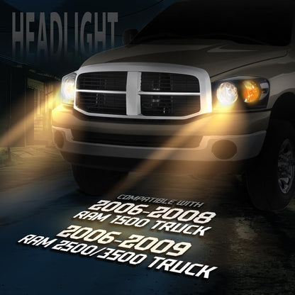 G-PLUS Headlight Assembly Front Headlamp Left&Right Side Compatible with Dodge Ram 1500 2006-2008/Fit Dodge Ram 2500 3500 2006-2009 Smoke Lens Black Housing Clear Reflector 68003125AD 68003124AD