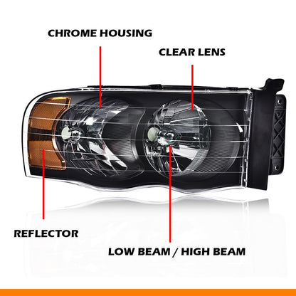 G-PLUS Headlights Assembly, Compatible with 2002 2003 2004 2005 Dodge Ram 1500 2500 3500 bumper Headlamp, Clear lens Black Housing Amber Reflector
