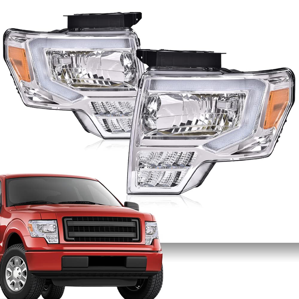 G-PLUS Headlights Assemblies LED Tube Compatible with Ford F150 2009-2014 Headlamps Driver Side & Passenger Side Clear Lens Chrome Housing Amber Reflector,faros delanteros