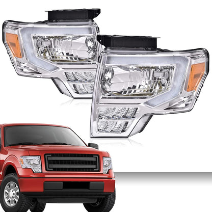 G-PLUS LED Tube Headlights Assemblies Compatible with Ford F150 2009-2014 Headlamps Left Driver & Right Passenger Side Clear Lens Chrome Housing Amber Reflector