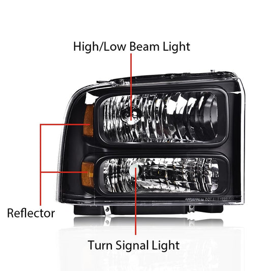 G-PLUS Headlights Assembly Bumper Headlamps Fit Ford F250 F350 F450 F550 Super Duty 1999-2004; Fit Ford Excursion 2000-2004 Clear Lens Black Housing Amber Reflector,faros delanteros