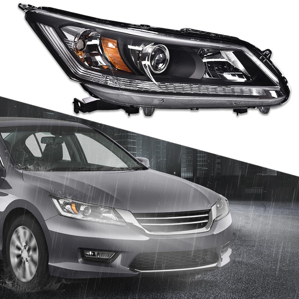 G-PLUS One Right Passenger Side Headlight Compatible with Honda Accord 2013 2014 2015 Headlamp Halogen Clear Lens Black Housing Amber ReflectorBumper Headlamps,faros delanteros