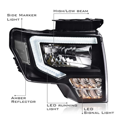 G-PLUS Headlights LED DRL Compatible with Ford F150 2009-2014 Projector Headlamps Pair Left & Right Clear Lens Black Housing Clear Reflector,faros delanteros