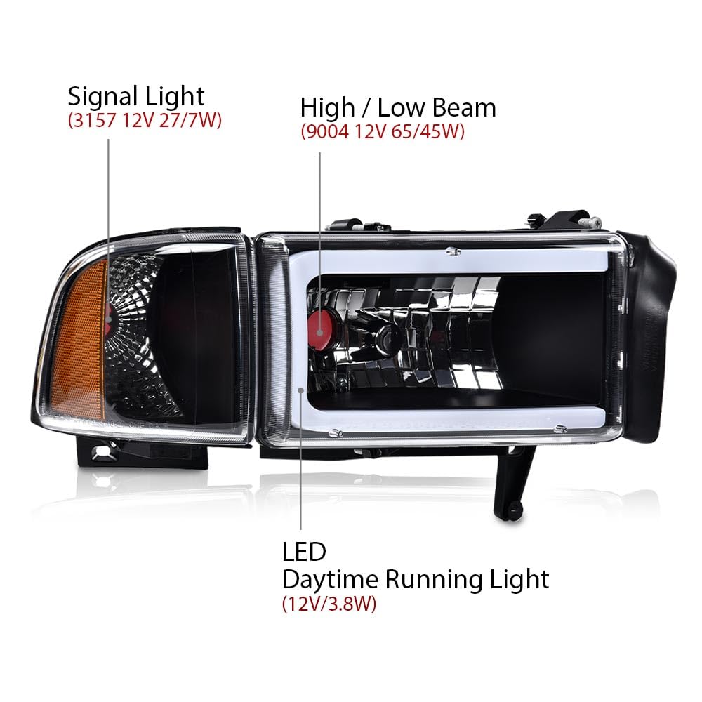 G-PLUS LED Headlights Assembly Fit Dodge Ram 1500 1994-2001,Fit Dodge Ram 2500 3500 1994-2002,Left & Right Headlamps w/o Bulbs,Clear Lens Black Housing Amber Reflector faros delanteros