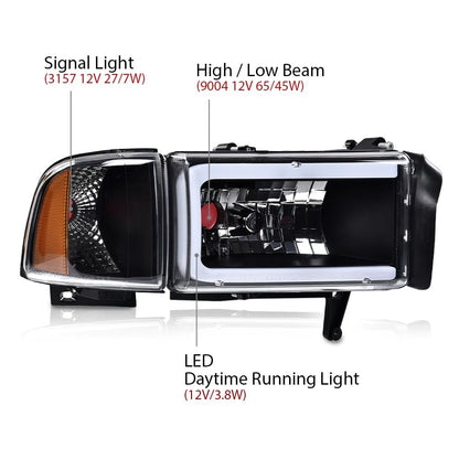 G-PLUS LED Headlights Assembly Fit Dodge Ram 1500 1994-2001,Fit Dodge Ram 2500 3500 1994-2002,Left & Right Headlamps w/o Bulbs,Clear Lens Black Housing Amber Reflector faros delanteros