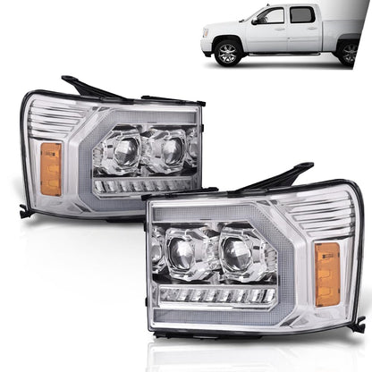 G-PLUS LED DRL Headlights Assembly Compatible with GMC Sierra 1500 2007-2013/Fit GMC Sierra 2500HD 3500HD 2007-2014 Left & Right Headlamps Clear Lens Chrome Housing Amber Reflector,faros delanteros