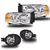 G-PLUS Headlights & Fog Lights & Foglights Bezel Set Compatible with Dodge Ram 2002-2009 (Clear Lens Chrome Housing Amber Reflector Headlights Assembly + Fog Lights)