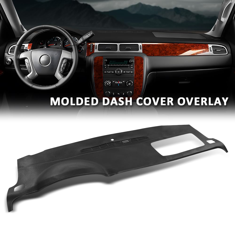 G-PLUS TPE Molded Dash Cover Cap Overlay Compatible with 2007-2014 chevy Tahoe Avalanche Suburban Yukon, Fit 2007-2013 Silverado LTZ GMC Sierra SLT Black