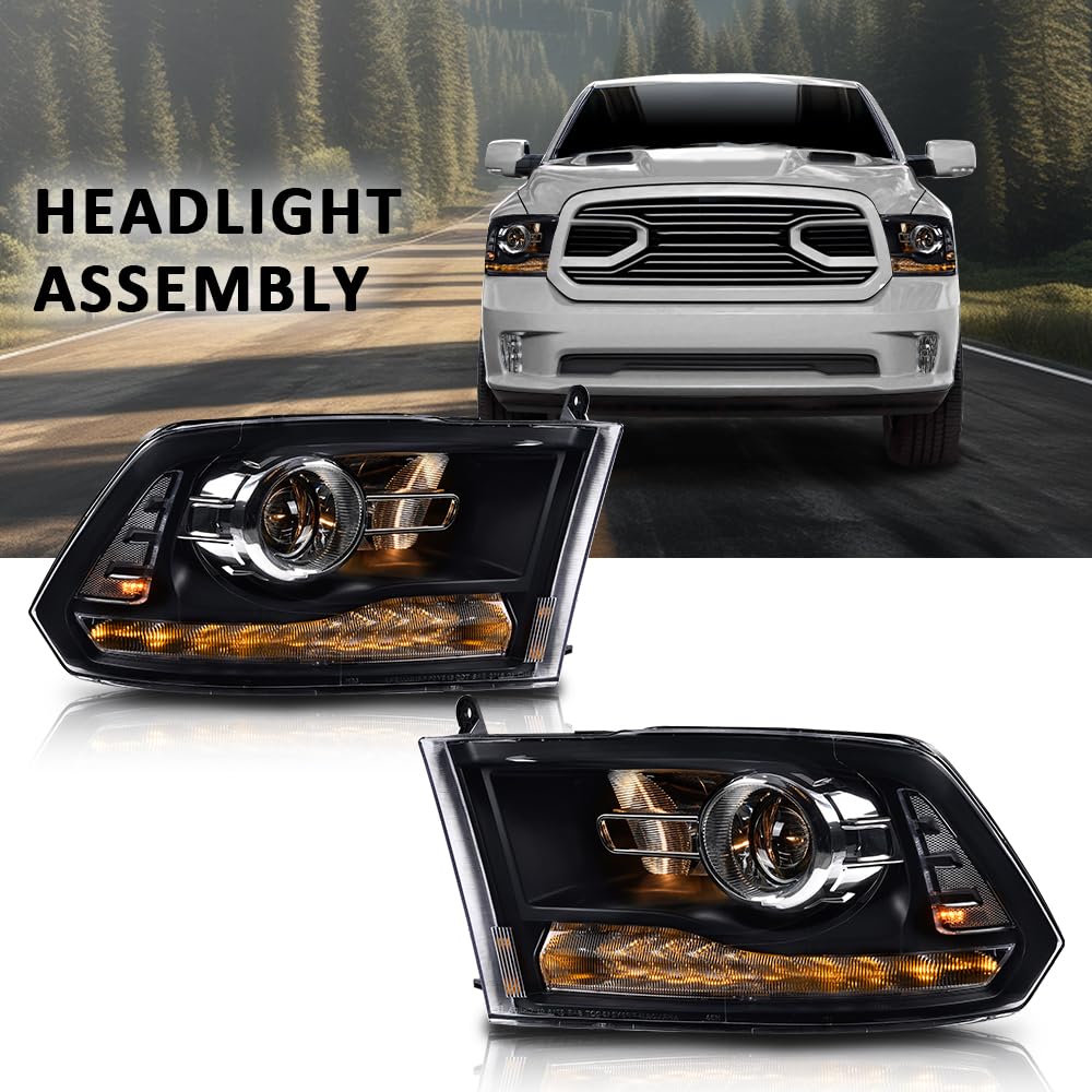 G-PLUS LED Projector Headlights Assembly Compatible with Dodge Ram 1500 2500 3500 2009-2012,Left & Right Pair Headlight Clear Lens Black Housing Clear Reflector,Front Headlamp Bar Plank Style