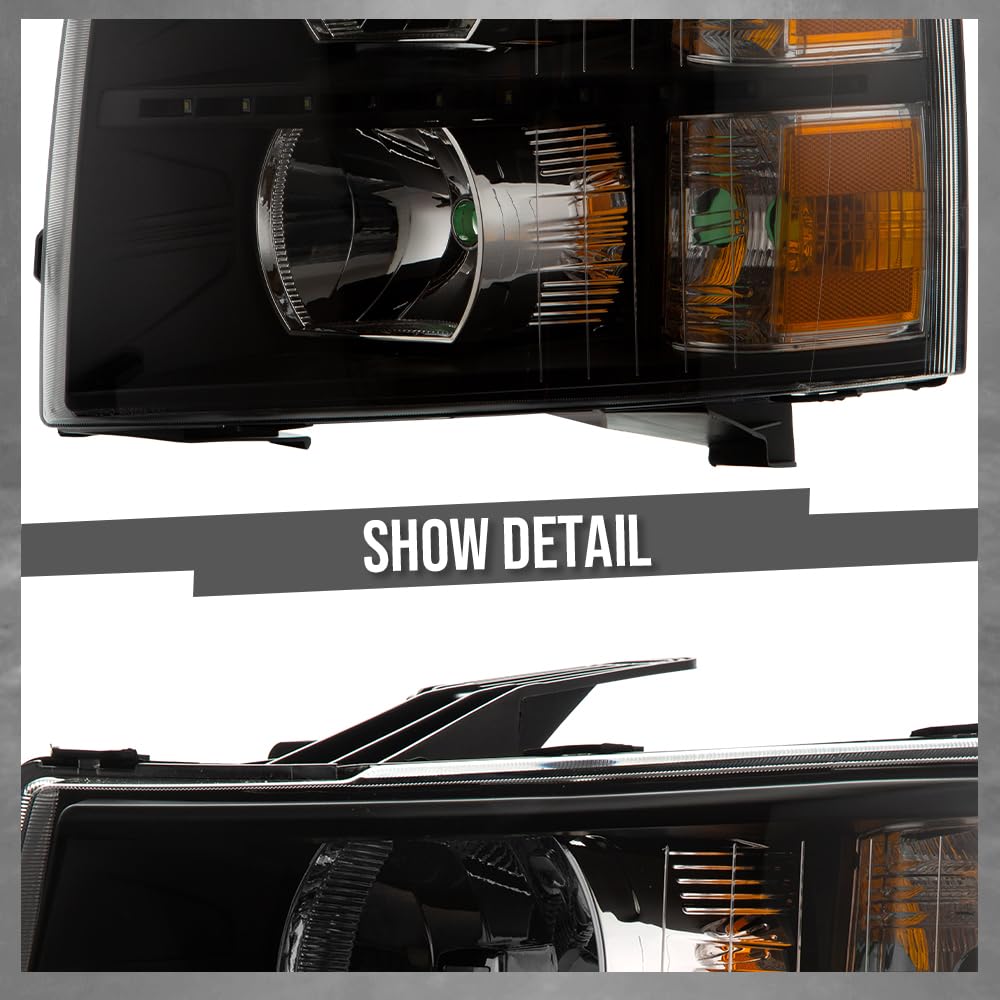 G-PLUS LED DRL Headlights, Fit Chevy Silverado 2007-2013/Fit Chevy Silverado 2500 HD 3500 HD 2007-2014,NOT Fit 07 Old Body Classic Headlamps, Clear Lens Black Housing Amber Reflector,faros delanteros