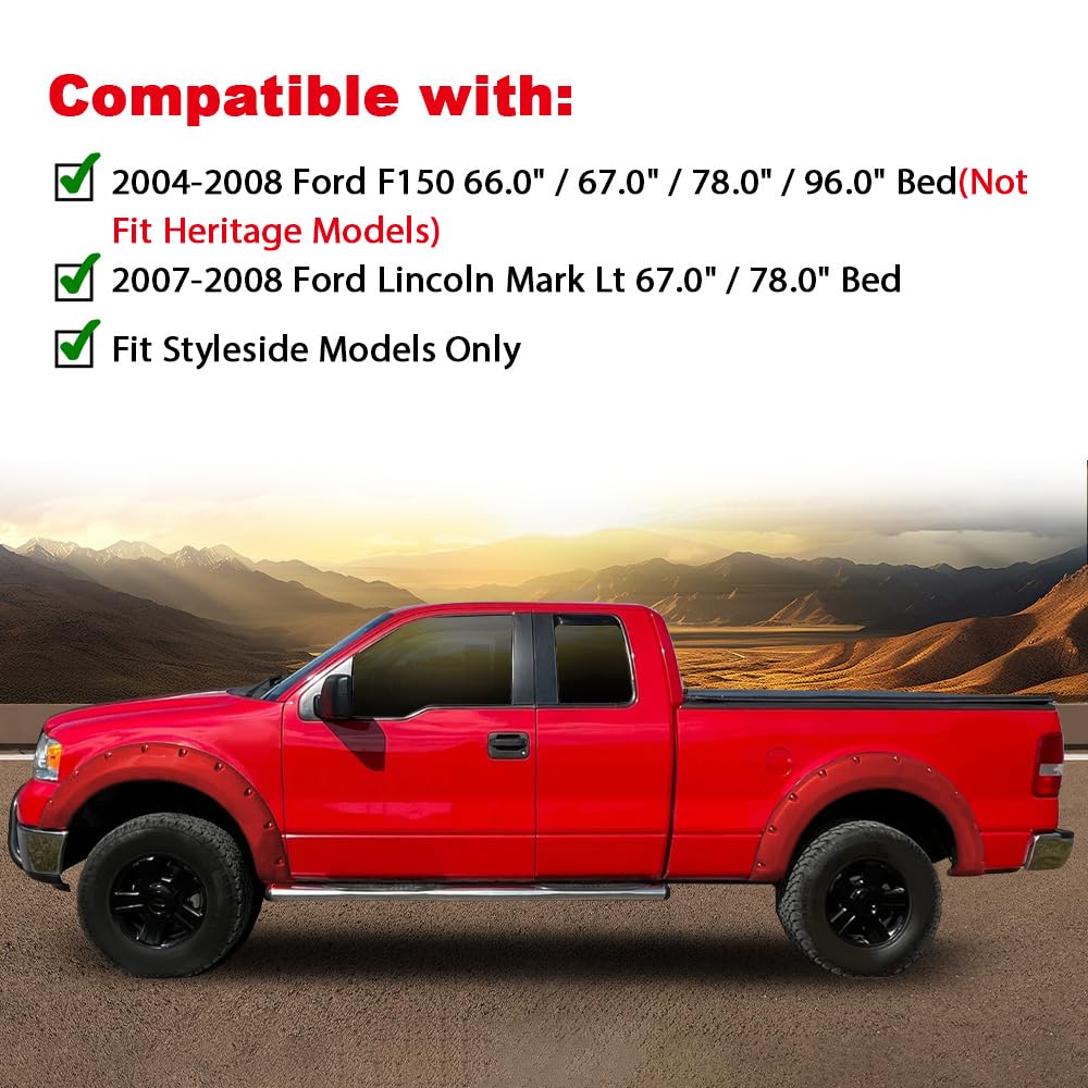 G-PLUS 4PCS Fender Flares Compatible with Ford F150 2004-2008 with 66.0" / 67.0" / 78.0" / 96.0" Bed Length (Not Fit Heritage Models), Smooth Riveted Style