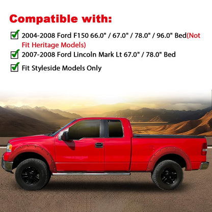 G-PLUS 4PCS Fender Flares Compatible with Ford F150 2004-2008 with 66.0" / 67.0" / 78.0" / 96.0" Bed Length (Not Fit Heritage Models), Smooth Riveted Style