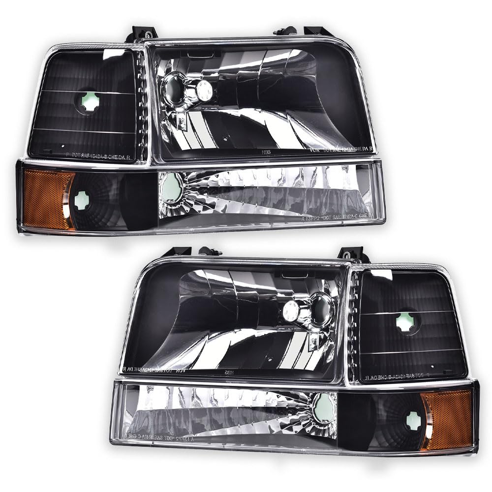 G-PLUS Headlights Fit Ford F150 250 350 Bronco/F-Super Duty 1992-1997 w/Corner Signal Driver Passenger Headlamps Clear Lens Black Housing Amber Reflector,faros delanteros