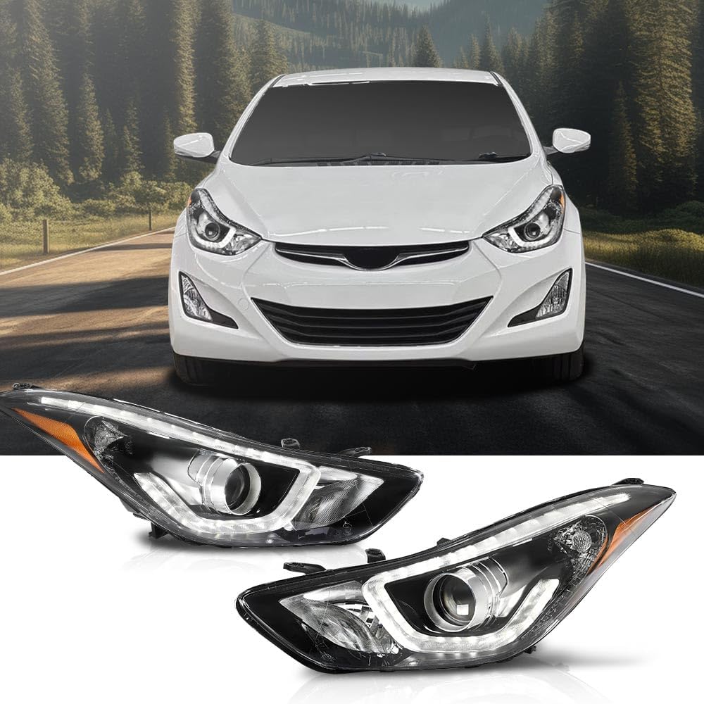 G-PLUS LED Projector DRL Headlights Fit Hyundai Elantra 2014 2015 2016 Left & Right Headlamps Assembly, Clear Lens Black Housing Amber Reflector, faros delanteros