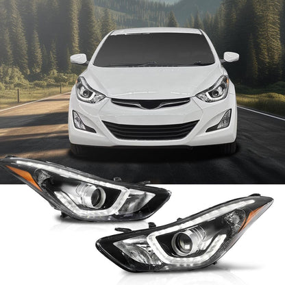 G-PLUS LED Projector DRL Headlights Fit Hyundai Elantra 2014 2015 2016 Left & Right Headlamps Assembly, Clear Lens Black Housing Amber Reflector, faros delanteros