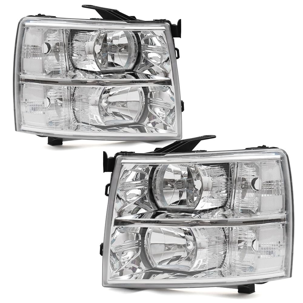 G-PLUS Headlights Assembly, Fit Chevy Silverado 2007-2013,Fit Silverado 2500 3500 & HD 2007-2014 Clear Lens Chrome Housing Clear Reflector,faros delanteros