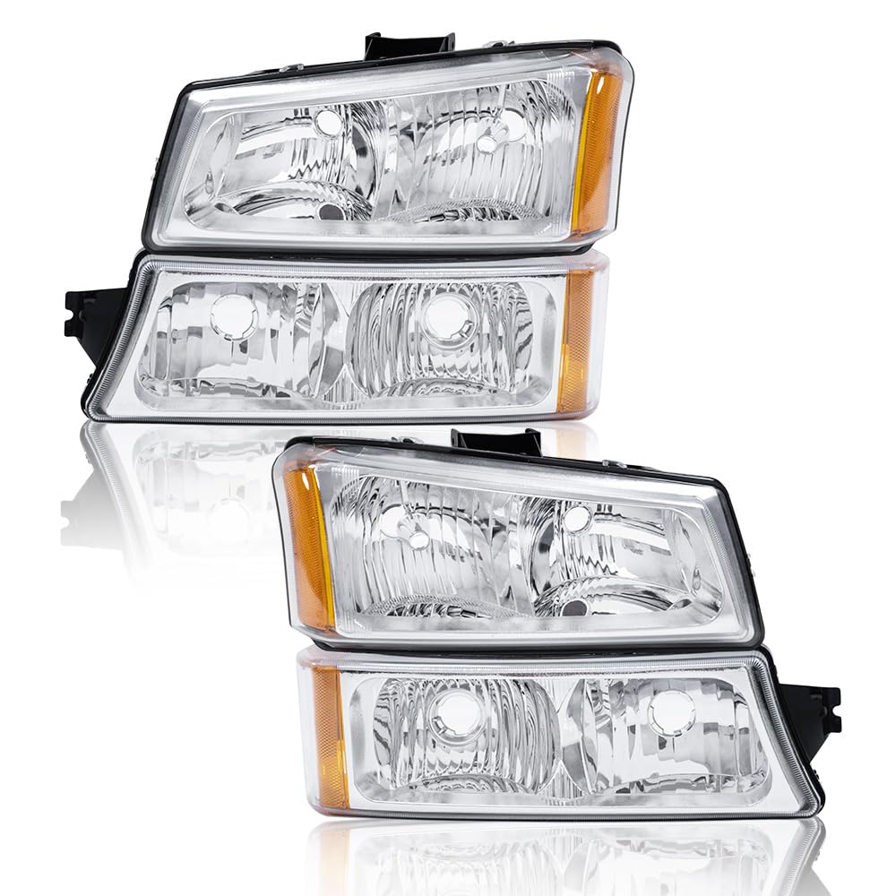 G-PLUS Headlights Assembly Compatible with Chevy Avalanche/Silverado 1500 2500 HD 3500 2003-2006,Clear Lens Chrome Housing Amber ReflectorBumper Headlamps,faros delanteros