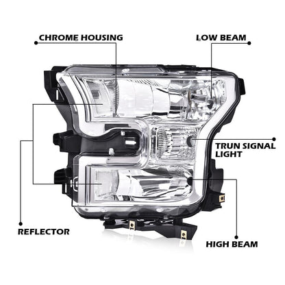 G-PLUS Headlights Compatible with Ford F150 2015-2017 Headlamps Pair Driver Passenger Side Clear Lens Chrome Housing Clear Reflector,faros delanteros