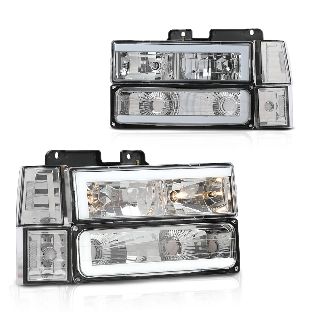 G-PLUS LED Headlights Assembly w/Bulbs Fit GMC C1500 K1500 Yukon 1994-1999, Fit GMC C2500 C3500 K2500 K3500 1994-2000, Left & Right Headlamps Assembly, Clear Lens Chrome Housing Clear Reflector