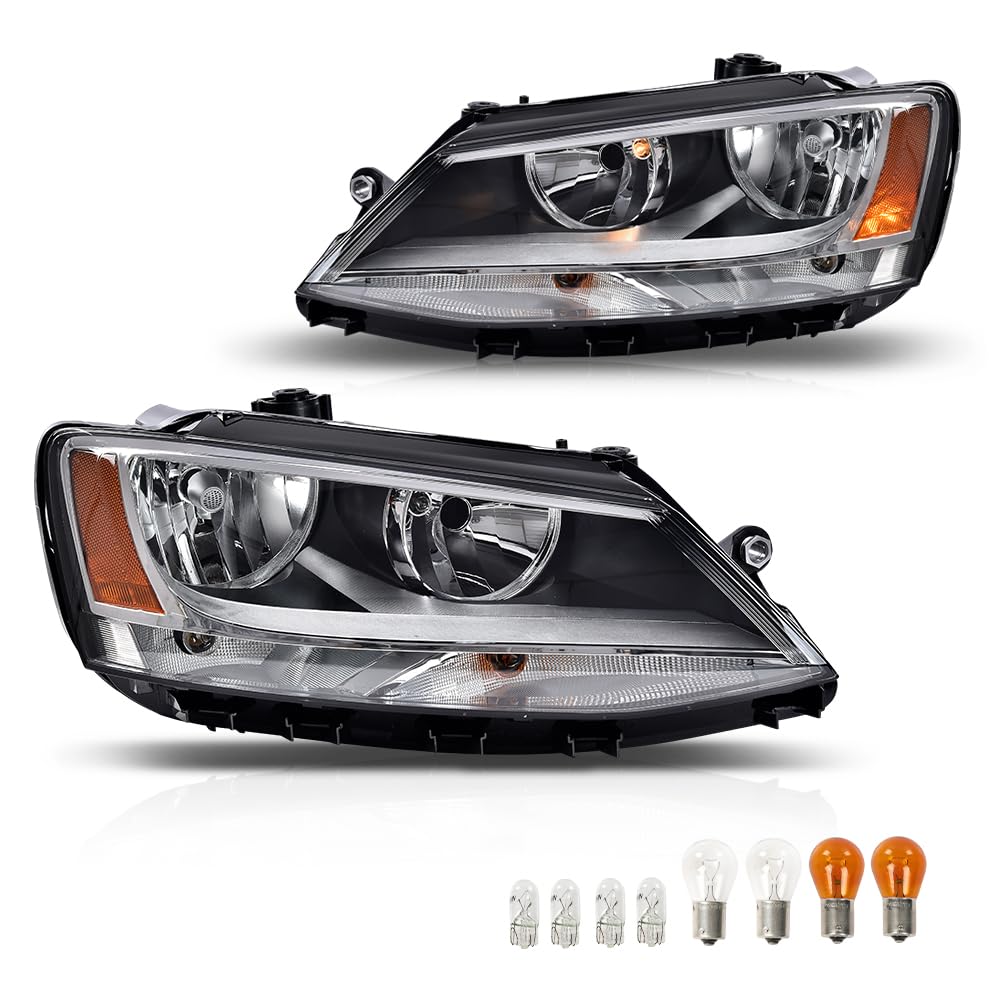 G-PLUS Headlights Headlamps w/Bulbs Left + Right Compatible with Volkswagen Jetta 2011-2018 5C7941005, 5C7941006,Clear Lens Chrome Housing Amber Reflector