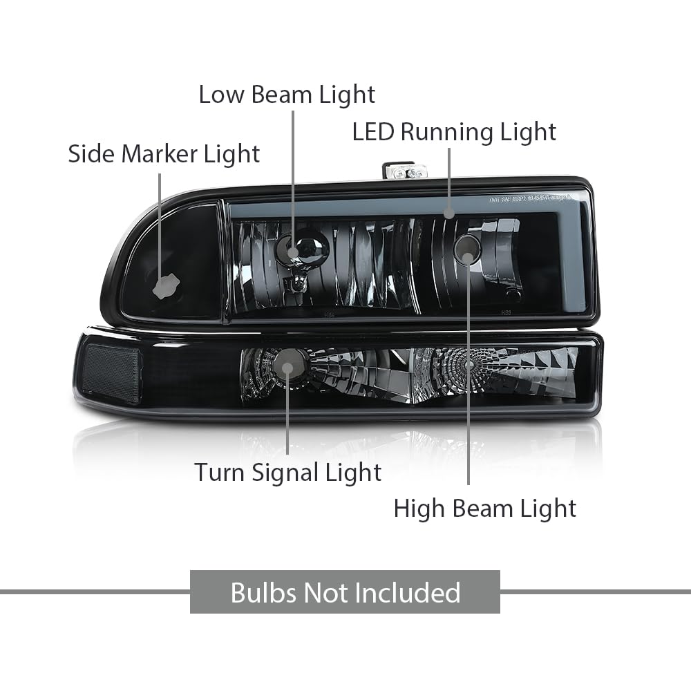 G-PLUS LED Headlights Assembly Front Headlamps Left Right Fit Chevy Blazer 1998-2005, Fit Chevy S10 Pickup 1998-2004 with Bumper Lights Smoke Lens Black Housing Clear Reflector,faros delanteros