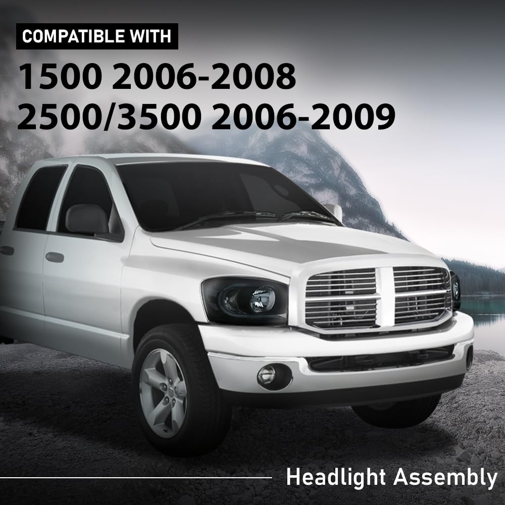 G-PLUS LED Headlights Assembly Headlamps Left Right Compatible with Dodge Ram 1500 2006-2008,Fit Dodge Ram 2500 3500 2006-2009 Smoke Lens Black Housing Clear Reflector,faros delanteros