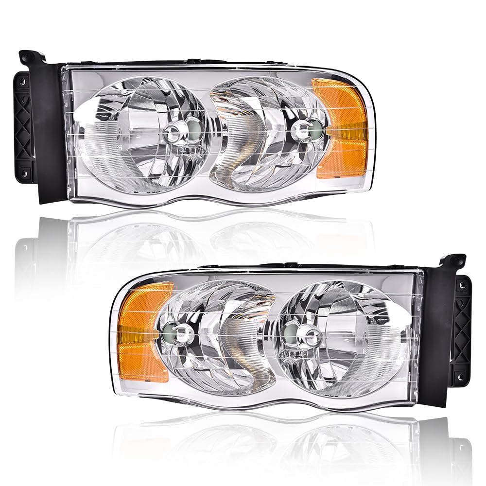 G-PLUS Headlights Assembly Compatible with Dodge Ram 1500 2500 3500 2002 2003 2004 2005 Headlamps Assembly, Clear Lens Chrome Housing Amber Reflector, faros delanteros