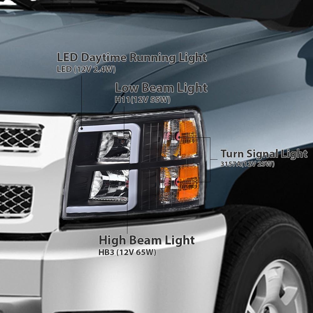 G-PLUS LED DRL Headlights Assembly Fit Chevy Silverado 1500 2007-2013/Fit 2007-2014 Chevy Silverado 2500 HD 3500 HD,Headlamps Clear Lens Black Housing Amber Reflector,faros delanteros