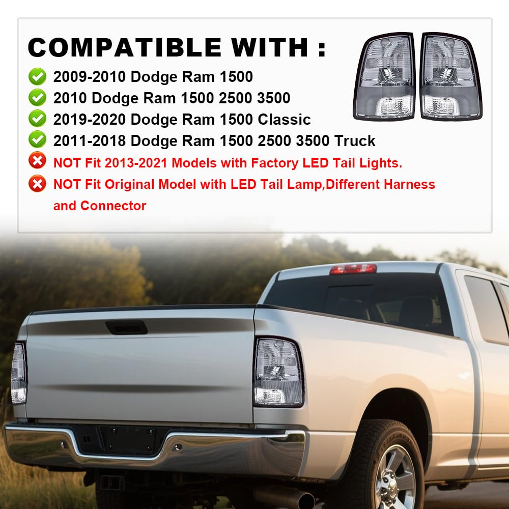 G-PLUS Tail Lights w/o Bulbs, Fit Dodge Ram 1500 2500 3500 2009-2010/Fit Ram 1500 2500 3500 2011-2018(Not Fit 2013-2018 w/Factory LED Tail Lights) Left&Right Luces Traseras Rear Brake Lamps Assembly