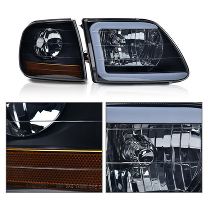 G-PLUS LED Headlights & Corner Parking Assembly Fit Ford F150 1998-2003, Fit Ford Expedition 1997-2002, Headlamps Smoky Lens Black Housing Amber Reflector, faros delanteros