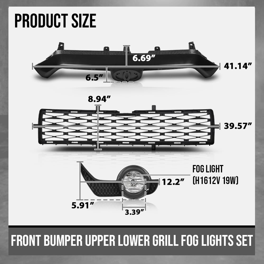 G-PLUS Front Bumper Upper & Lower Grill + Fog Lights Set Compatible with Toyota 4Runner SR5 2014-2019 TO1036148, TO1038173 Black