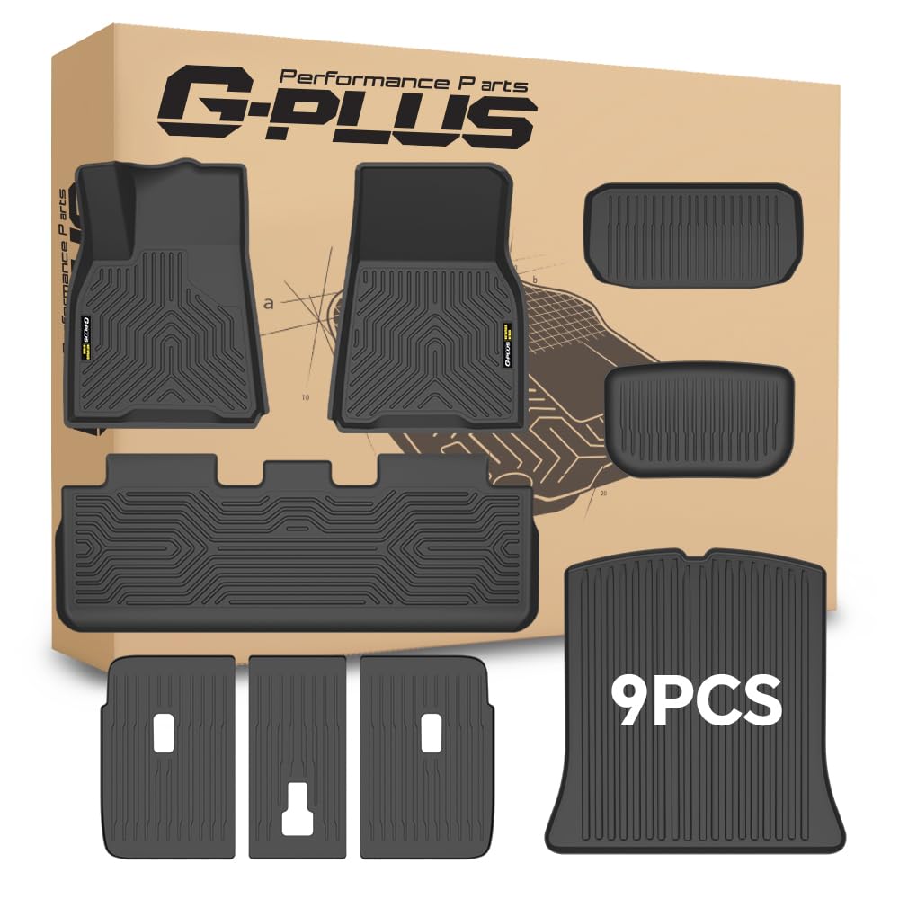 G-PLUS Floor Mats & Cargo Liner Compatible with Tesla Model Y 2020 2021 2022 2023 2024 5-SEAT (NOT for 7-SEAT) TPE All Weather Custom Fit Cargo Trunk Backrest Liners 1st & 2nd & 3rd Row,9PCS Black
