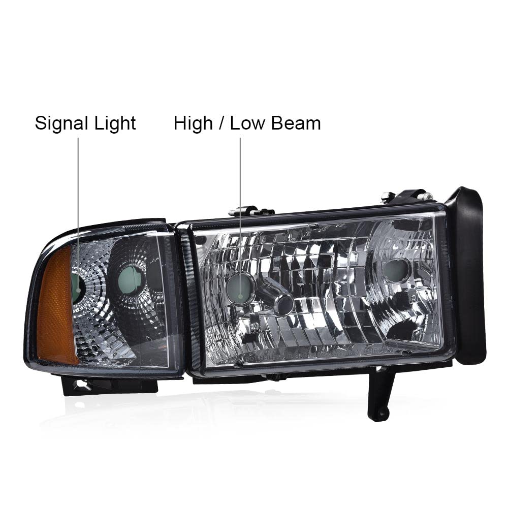 G-PLUS Headlights Lamps Fit 1994-2001 Dodge Ram 1500/1994-2002 Dodge Ram 2500 3500,Not fit Ram Sport,Smoky Lens Chrome Housing Amber Reflector w/o Bulbs Bumper Headlamps,faros delanteros Assembly