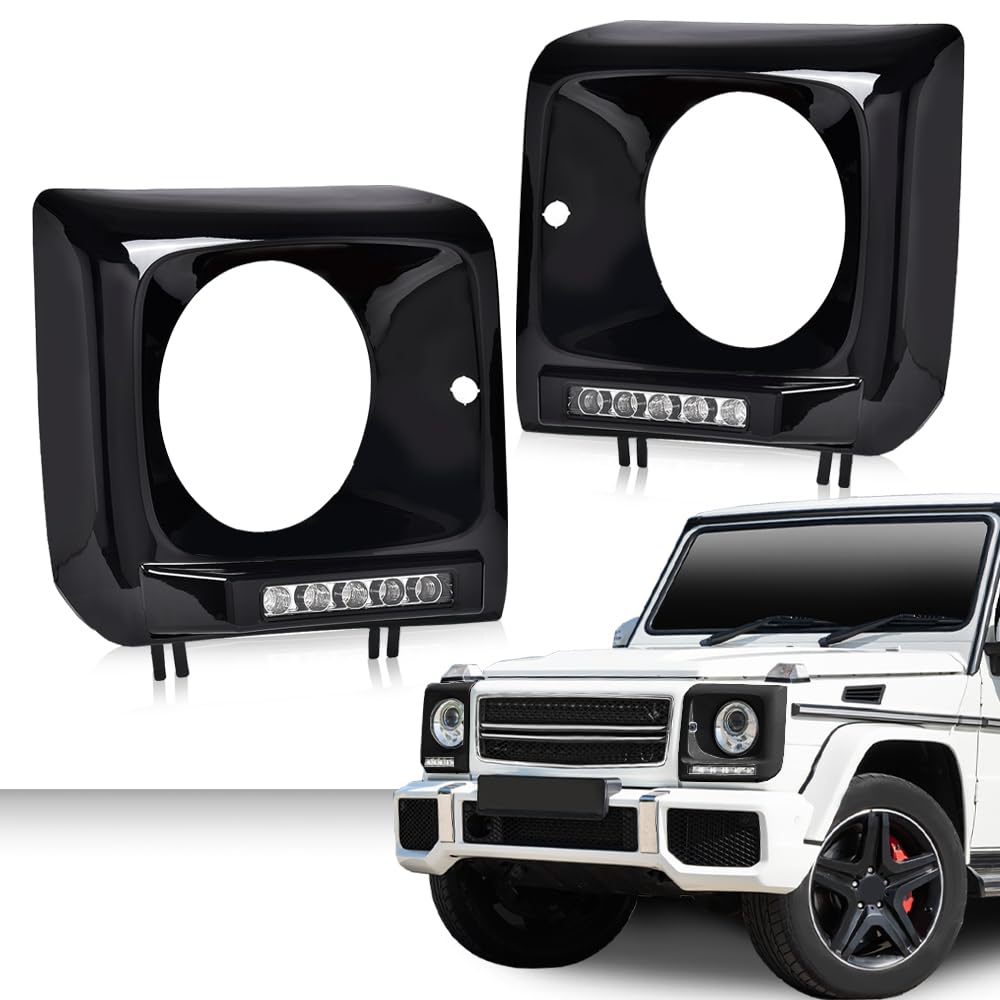 G-PLUS Black Headlight Bezel w/LED DRL Light Strip & Wire harness Compatible with 1990-2018 Mercedes Benz G-class W463 G63 G65 G500 G550 G55 AMG