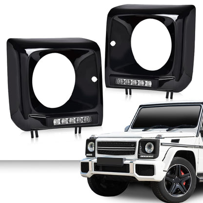 G-PLUS Black Headlight Bezel w/LED DRL Light Strip & Wire harness Compatible with 1990-2018 Mercedes Benz G-class W463 G63 G65 G500 G550 G55 AMG