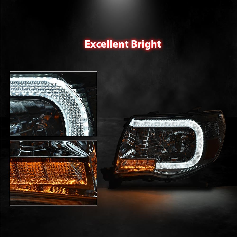 G-PLUS LED Headlights Assembly,Fit For 2005-2011 Toyota Tacoma,DRL Tube Halo Projector Headlamps w/o Bulbs,faros delanteros Clear lens Chrome Housing Amber Reflector Left & Right