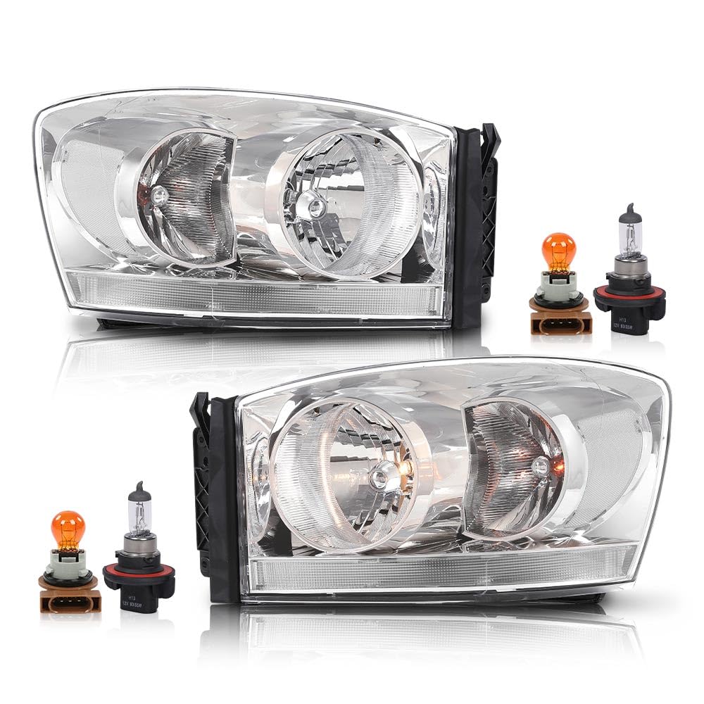G-PLUS Headlights Assembly w/Bulbs Light Bar Left and Right Side Compatible with Dodge Ram 1500 2006-2008/Fit Dodge Ram 2500 3500 2006-2009 Clear Lens Chrome Housing Clear Reflector