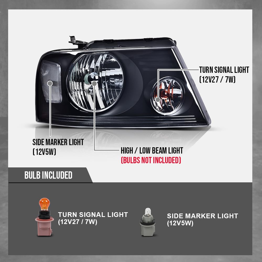 G-PLUS Headlights Assembly, Compatible with 2004-2008 Ford F150/ 2006-2008 Lincoln Mark Lt(NOT Compatible with 2004 F150 Heritage/Flareside Beds Models), Smoky Lens Black Housing Clear Reflector
