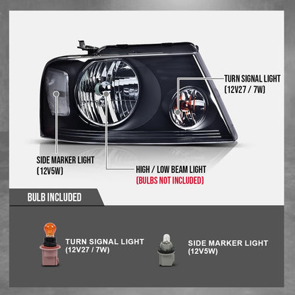 G-PLUS Headlights Assembly, Compatible with 2004-2008 Ford F150/ 2006-2008 Lincoln Mark Lt(NOT Compatible with 2004 F150 Heritage/Flareside Beds Models), Smoky Lens Black Housing Clear Reflector